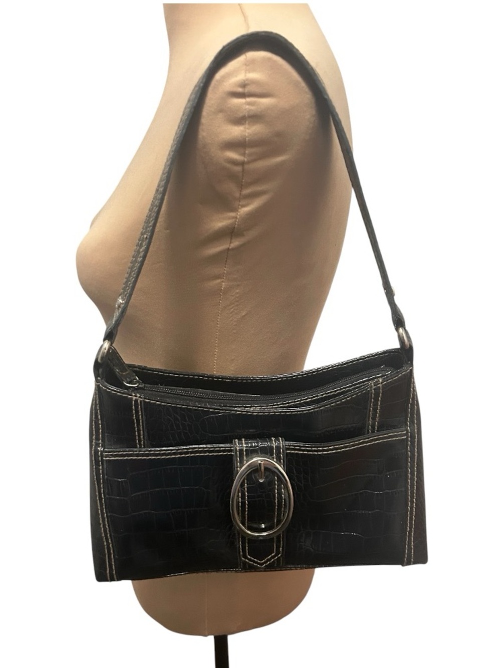 Liz & Co. Vegan Faux Leather Medium Shoulder Bag Y2K Faux Croc Purse Black 90’s.